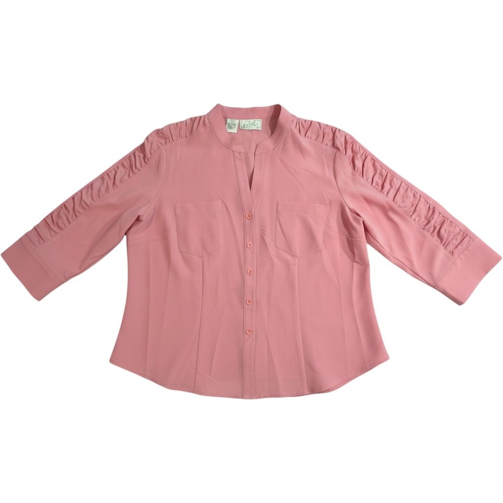 Kathy Che Pink Ruched 3/4 Sleeve Button Down Blouse Size 16 Stretch Split Neck